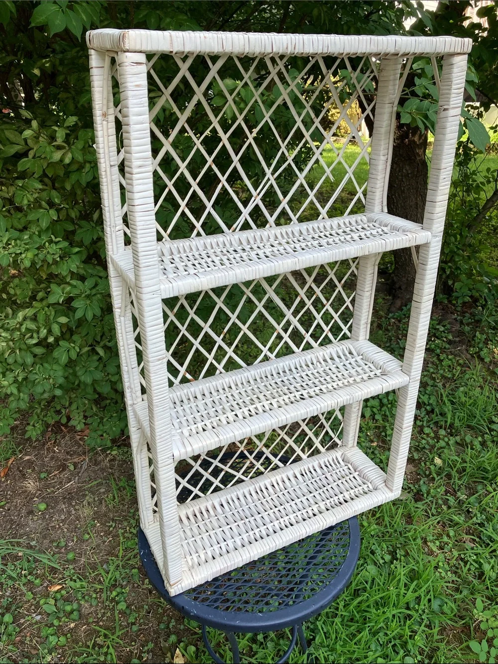 Large Vintage Shabby Chic White Wicker Three-Tier Wall Shelf or Tabletop